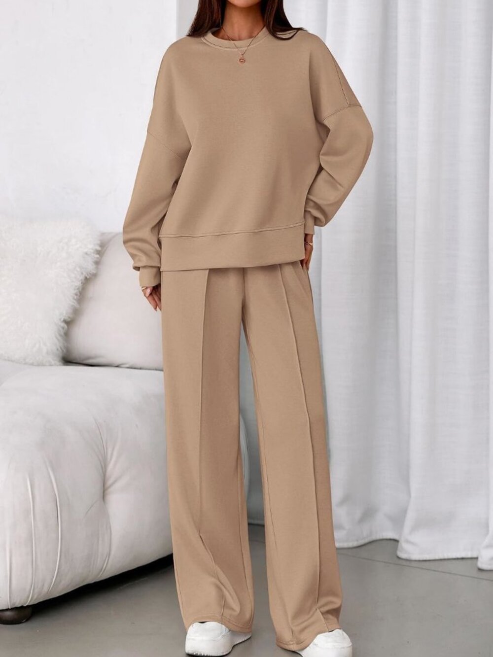 PRETTYGARDEN Knit 2 Piece Lounge Set Khaki M